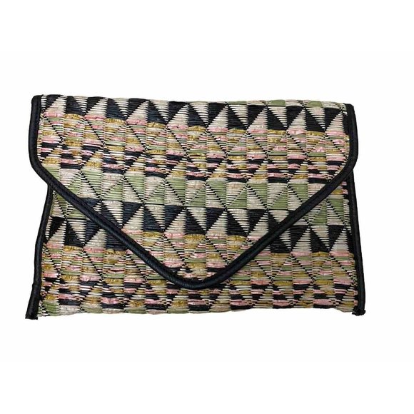 BCBGeneration Straw Purse Clutch Aztec Envelope Foldover Leather Trim Pink Blk - Picture 1 of 9